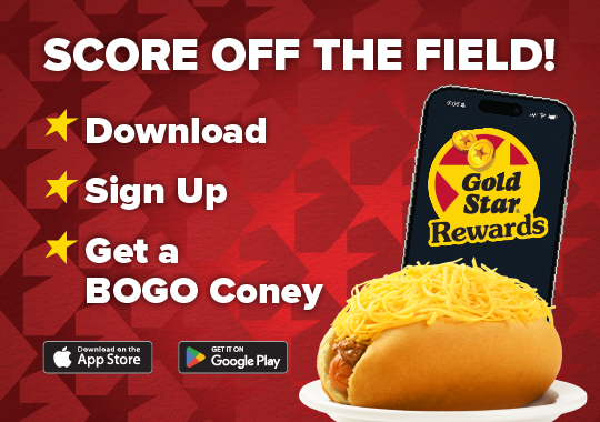 Gold Star Rewards banner inviting TriStateFootball.com readers to download the Gold Star Rewards app for exclusive offers, including a BOGO Cheese Coney for new members.