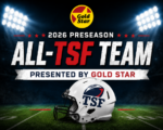 2026 Preseason All-TSF Team presented by Gold Star featuring the official TSF football helmet under stadium lights.