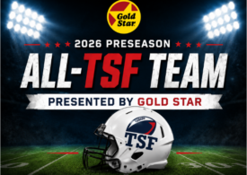 2026 Preseason All-TSF Team presented by Gold Star featuring the official TSF football helmet under stadium lights.