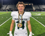 McNicholas football player Max Orlando wearing his MVP medal at Matandy SportsPlex following the Rockets’ win over Badin.